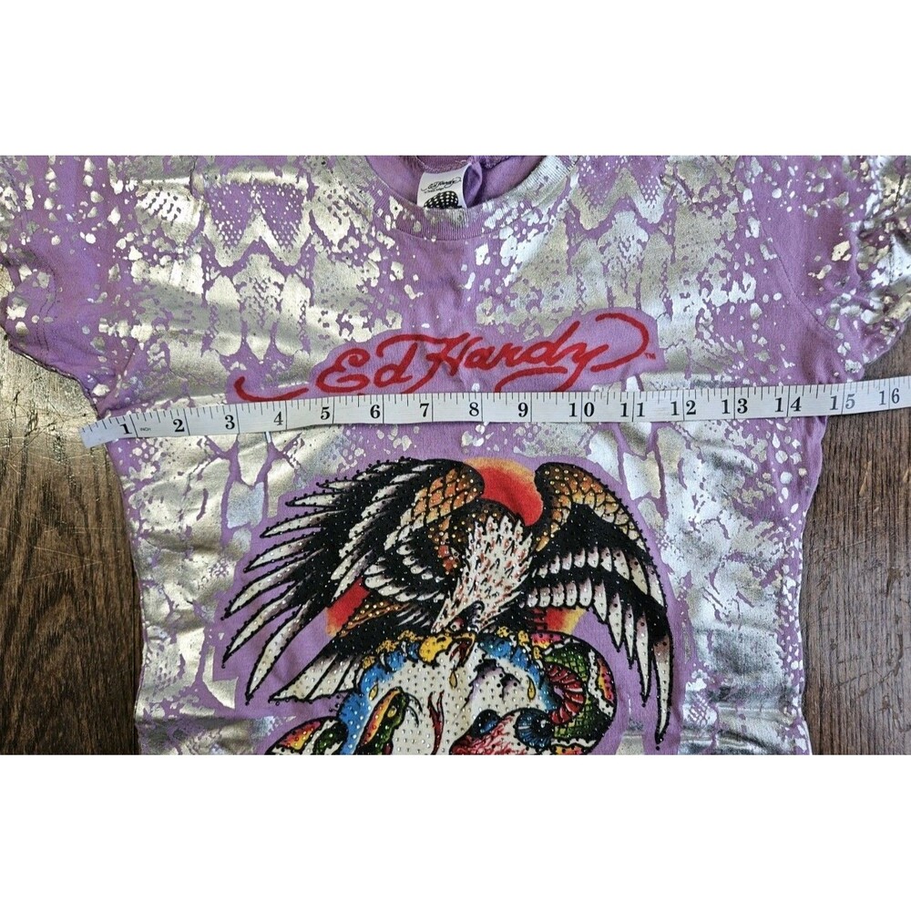 Vtg Y2K Ed Hardy Long T-Shirt Dress Womens S Purple Eagle Skull Snake READ - Picture 8 of 13